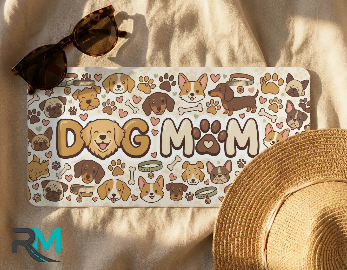 dog mom license plate flat lay — paw print bone halo front license plate