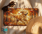 golden retriever license plate flat lay — warm amber rust autumn retriever leaves front plate