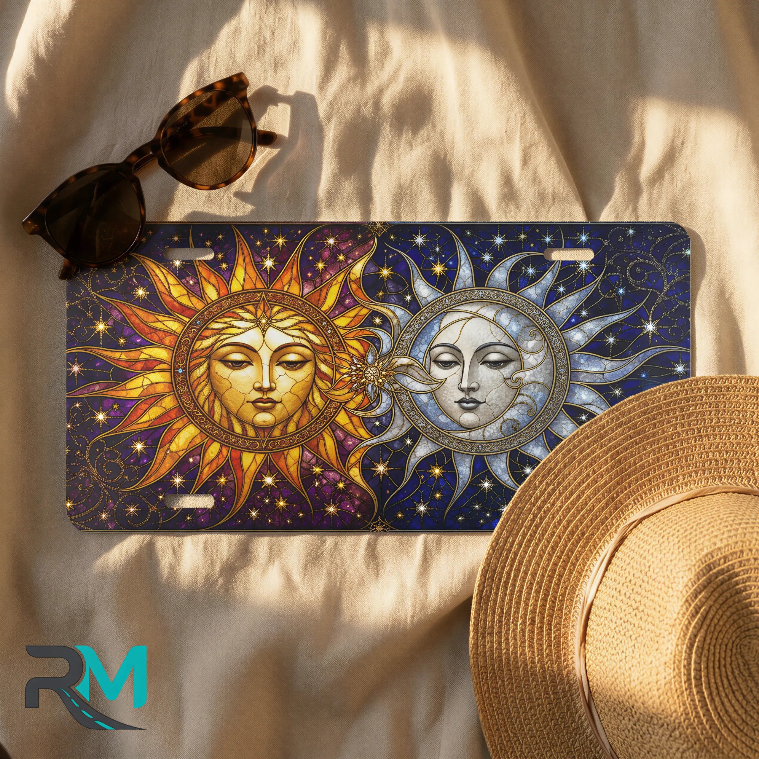sun moon license plate flat lay — golden sun silver moon indigo star front plate