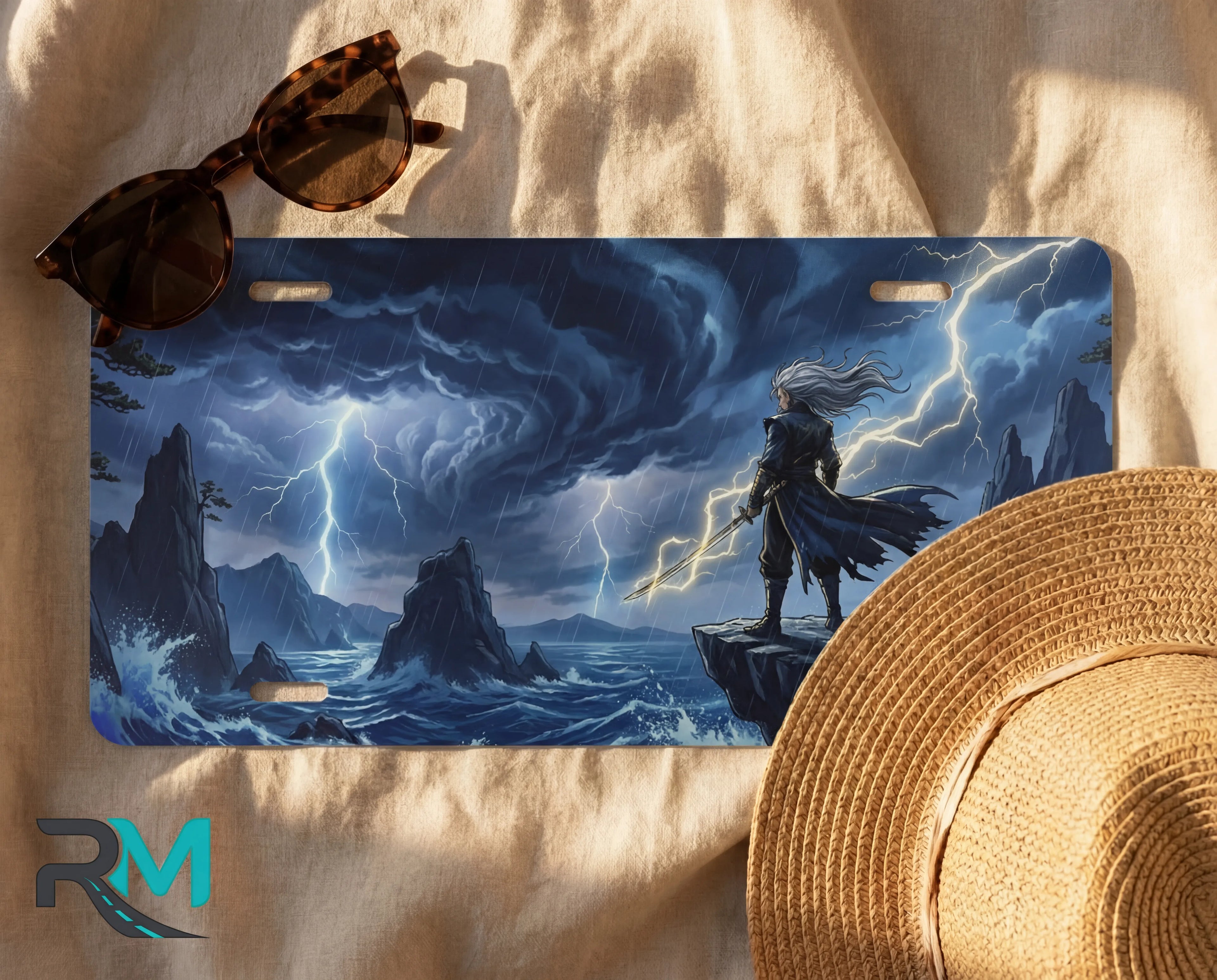 storm sorcerer license plate flat lay — electric blue storm coastline lightning mage sea front plate