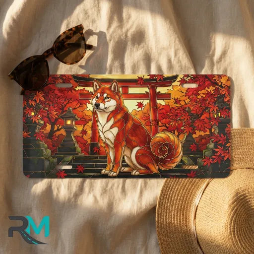 autumn fox torii license plate flat lay — vermillion torii fox amber maple front plate