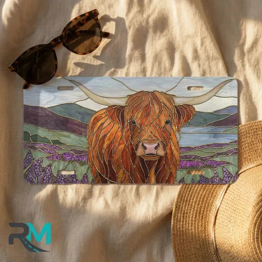 highland cow landscape license plate flat lay — warm ochre lavender hills front plate