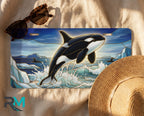 orca whale license plate flat lay — vivid orca black white icy blue ocean front plate