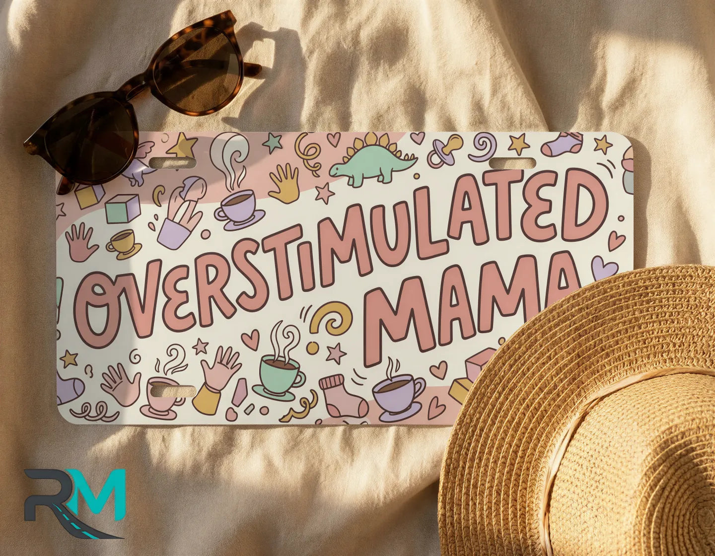 overstimulated mama collage license plate flat lay — pastel coffee blocks front license plate