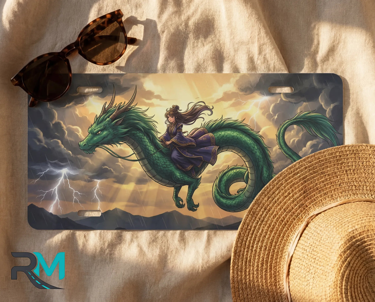 emerald dragon rider license plate flat lay — rich emerald green dragon storm gold rider front plate