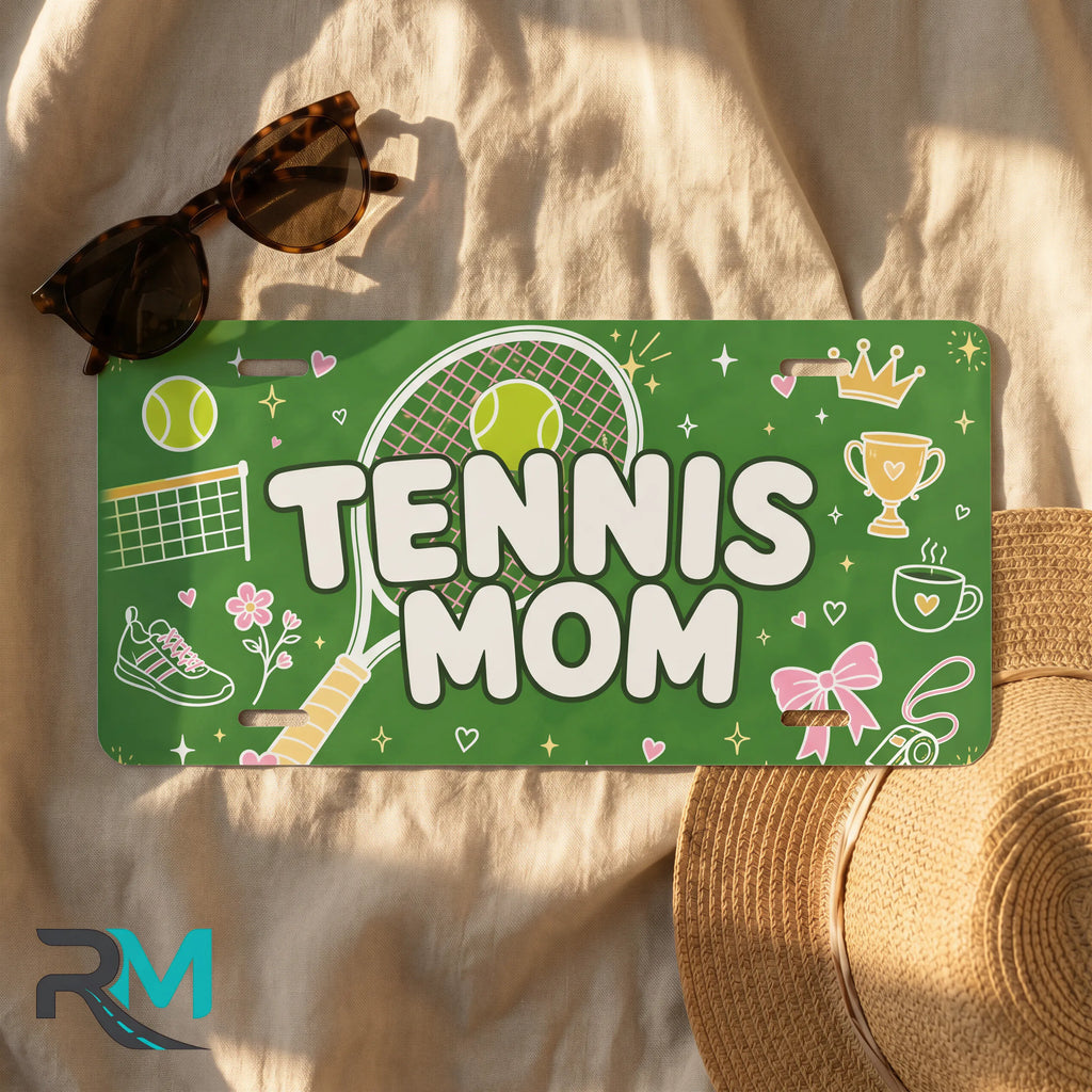 tennis mom license plate flat lay — fresh green tennis racket trophy front plate