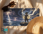stormcaller license plate flat lay — electric blue gold lightning cliff stormy sea front plate