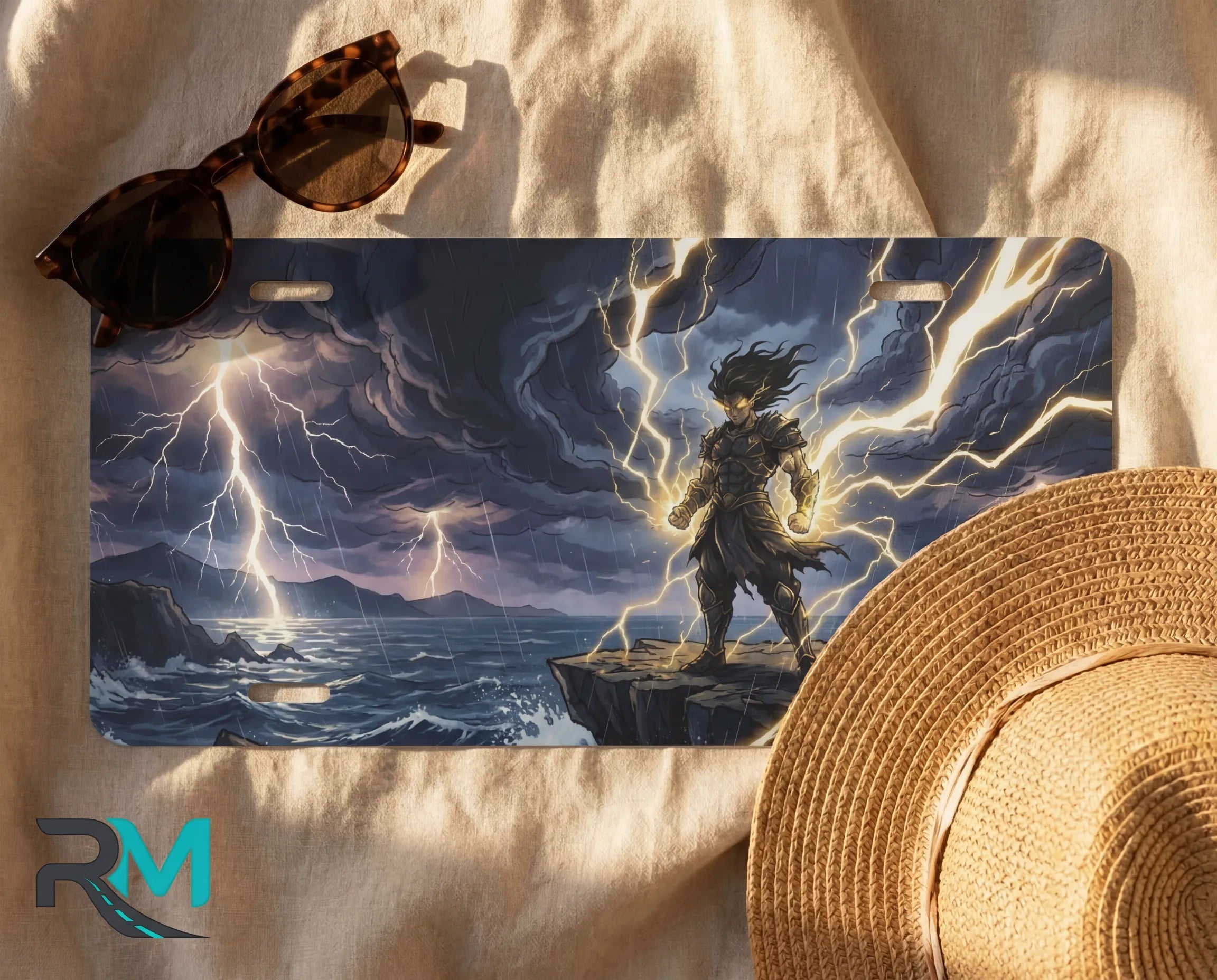 stormcaller license plate flat lay — electric blue gold lightning cliff stormy sea front plate