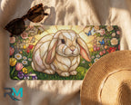 stained glass bunny license plate flat lay — soft pastel rabbit tulip rose butterfly front plate