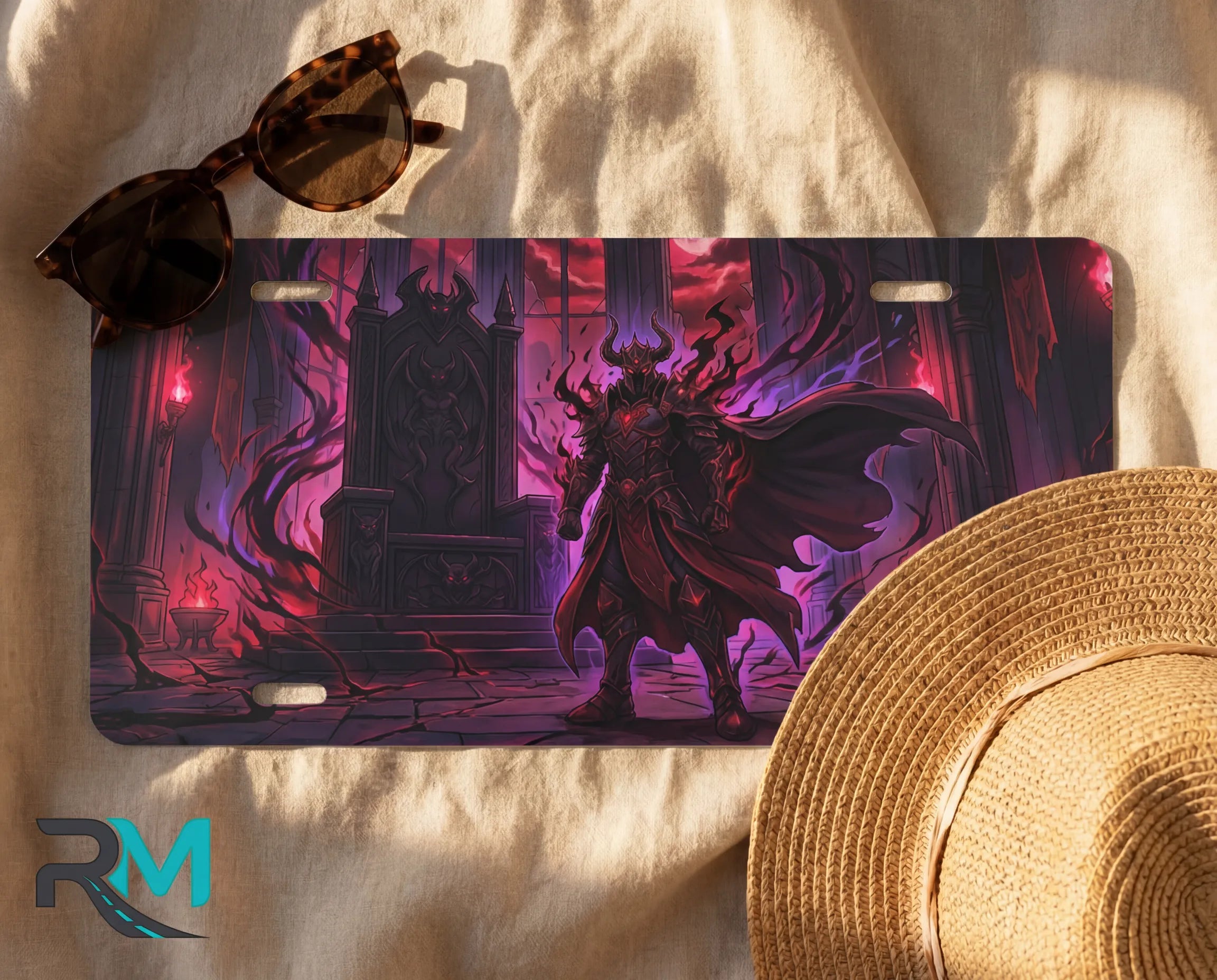 dark demon lord license plate flat lay — deep crimson violet demon lord pillars braziers front plate