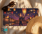 lantern festival license plate flat lay — warm amber twilight canal yukata lantern front plate