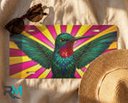 jewel-tone hummingbird license plate flat lay — vivid bird sunburst front license plate