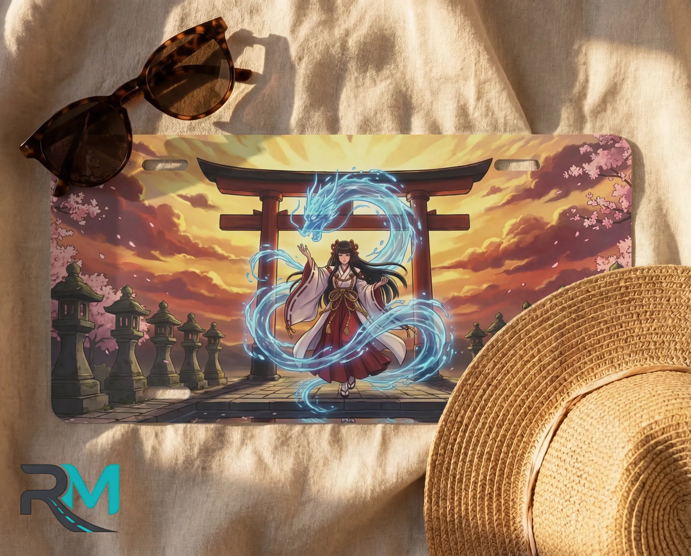 spirit shrine license plate flat lay — blazing sunset electric blue spirit torii gate figure front plate