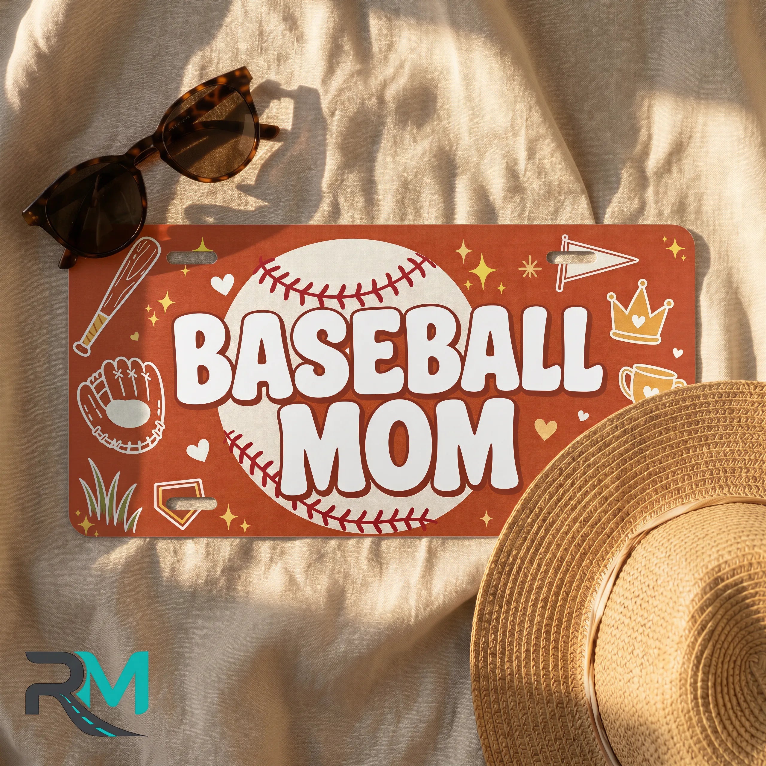 baseball mom license plate flat lay — baseball bat glove trophy front plate