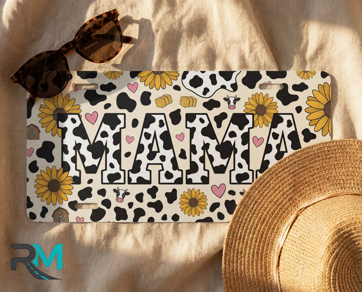 Mama Cow Print Sunflowers Vanity Plate