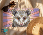 opossum vanity plate flat lay — pastel pink lavender stained glass possum front license plate