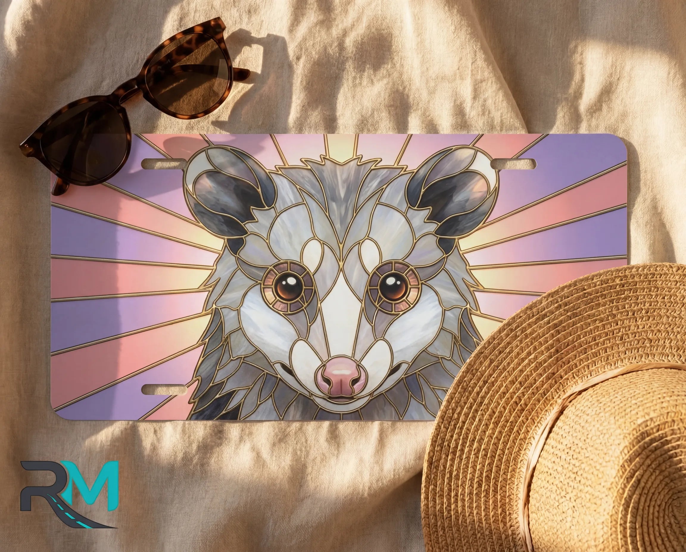 opossum vanity plate flat lay — pastel pink lavender stained glass possum front license plate