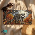 moonlit raccoon license plate flat lay — warm amber rust raccoon autumn leaves front plate