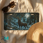 moonlit stag license plate flat lay — deep teal ink blue stag moonlit pines front plate