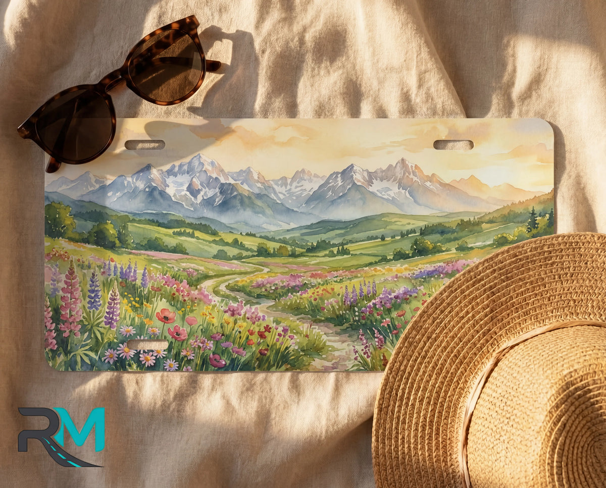 decorative meadow license plate flat lay — lupine poppies watercolor front license plate