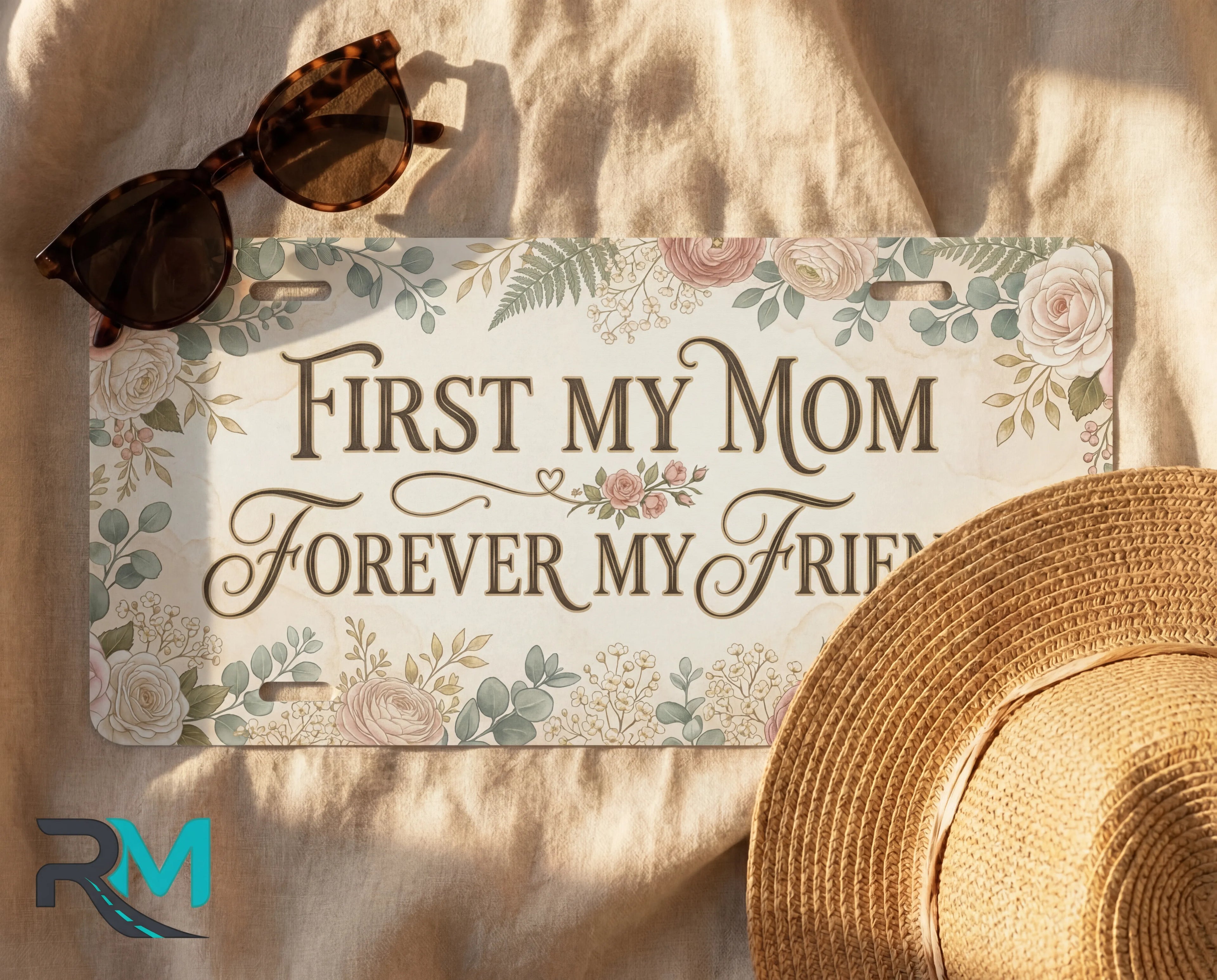 First My Mom Forever My Friend Blush Floral Vanity Plate
