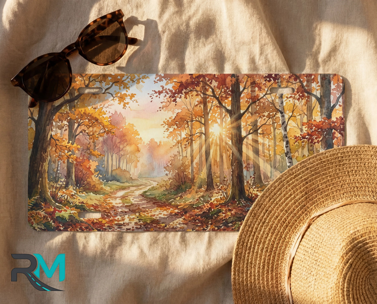 decorative fall path license plate flat lay — golden autumn forest front license plate
