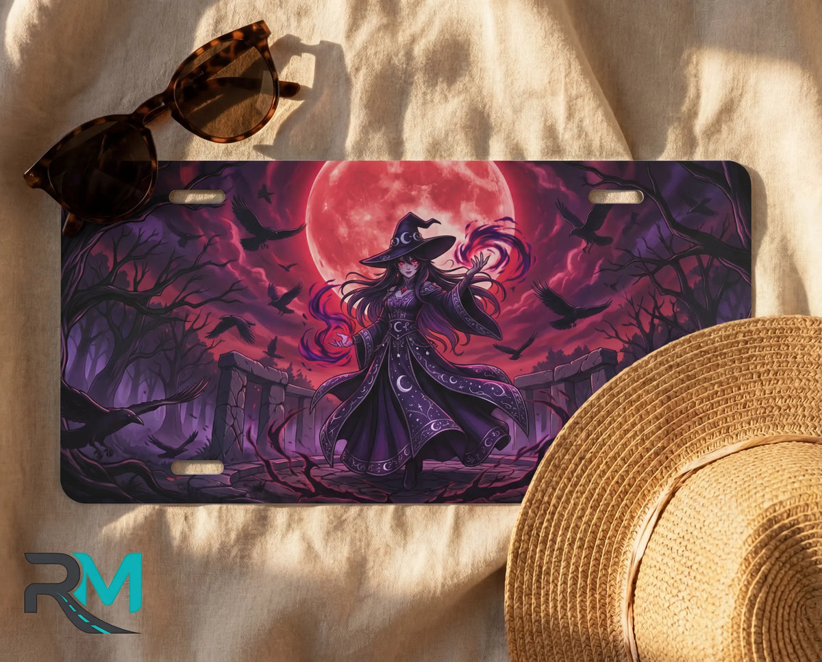 witch silhouette license plate flat lay — jewel purple witch blood-red moon twisted trees front plate