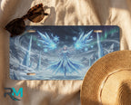 ice sorceress license plate flat lay — luminous ice blue crystalline spires frost fairy front plate