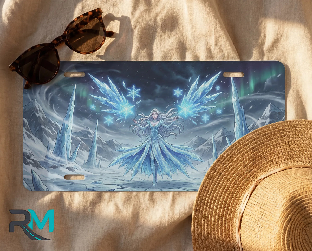 ice sorceress license plate flat lay — luminous ice blue crystalline spires frost fairy front plate