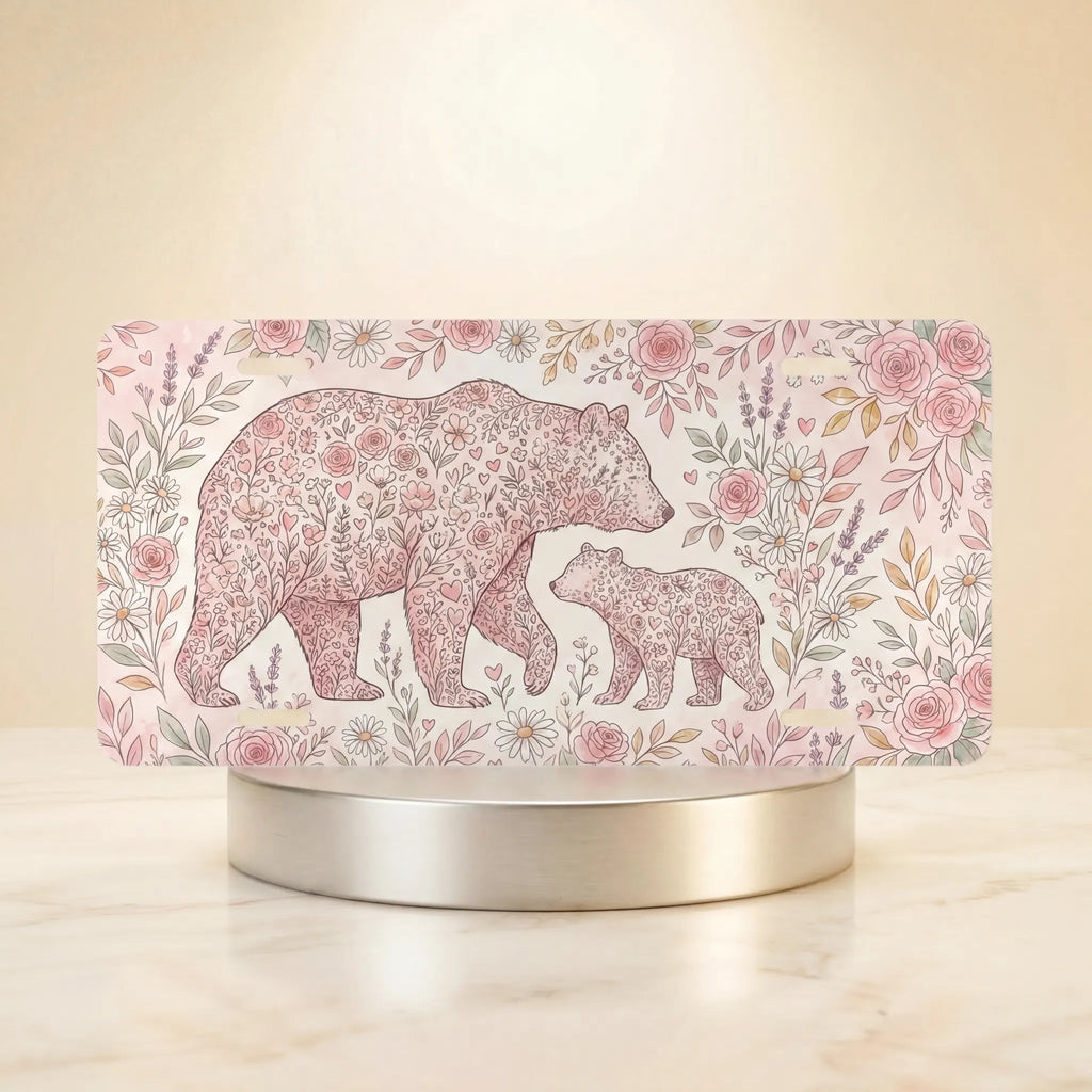 Floral Bear Mom and Cub Vanity Plate - Road Muse