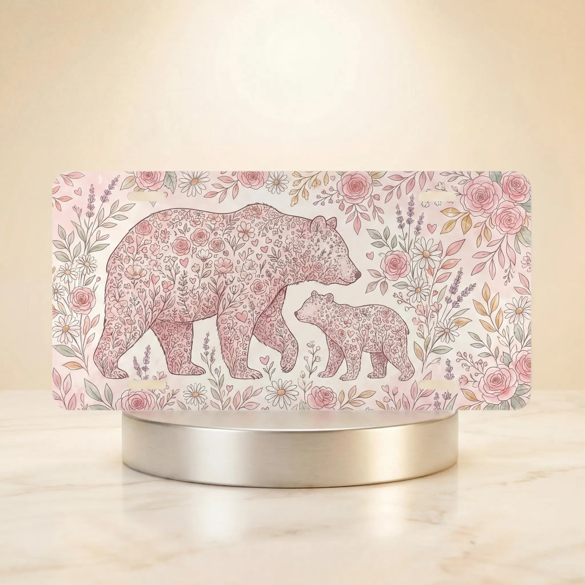 Floral Bear Mom and Cub Vanity Plate - Road Muse