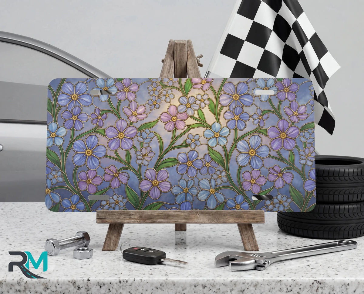 Forget-Me-Not Floral Stained Glass Vanity Plate - Road Muse