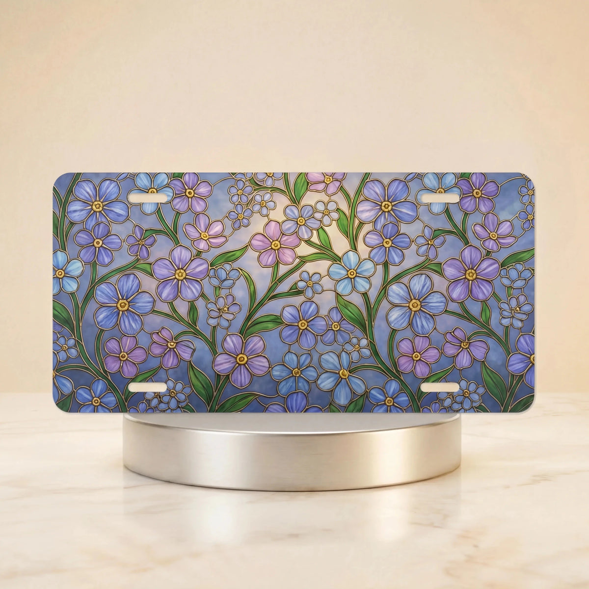 Forget-Me-Not Floral Stained Glass Vanity Plate - Road Muse
