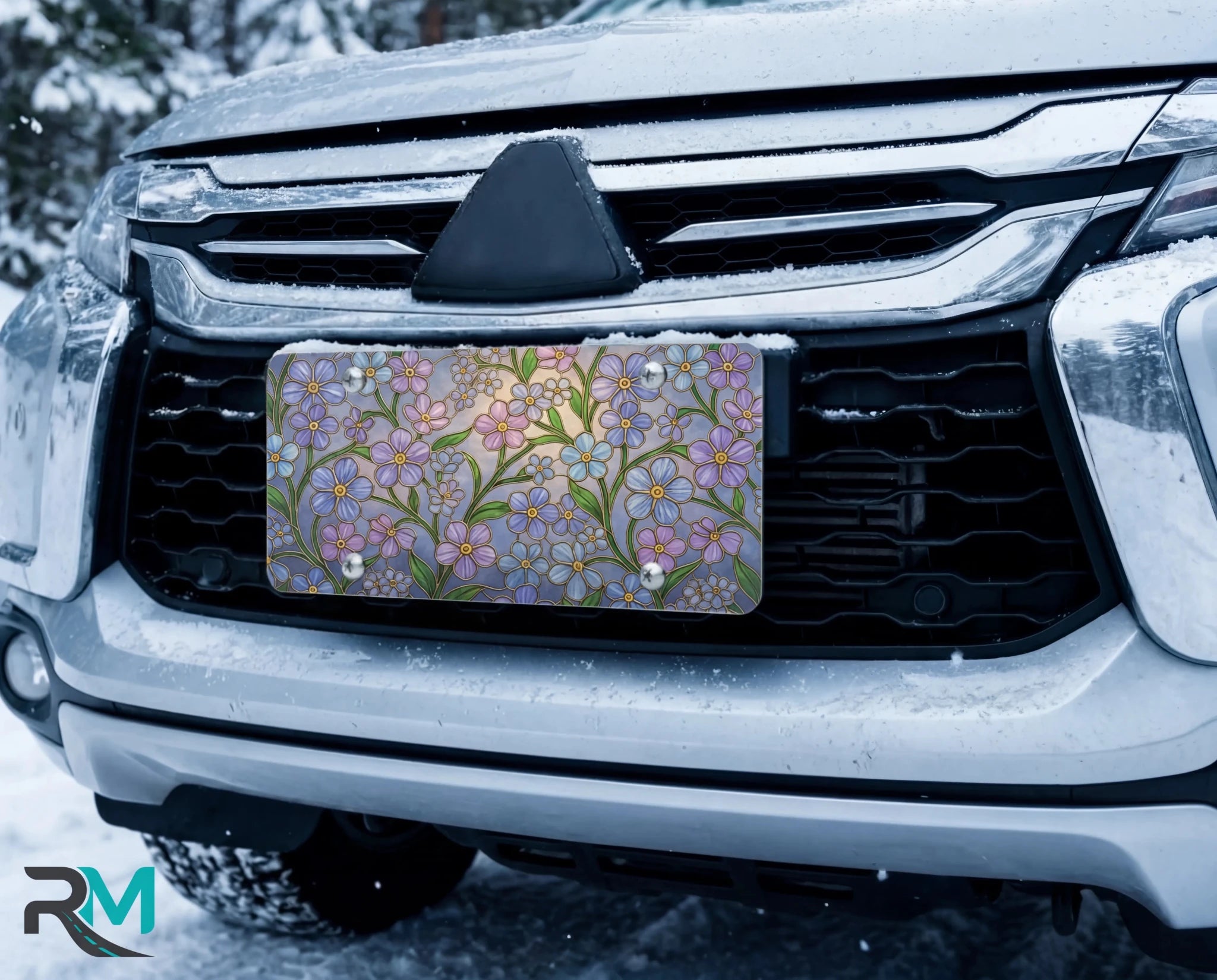 Forget-Me-Not Floral Stained Glass Vanity Plate - Road Muse