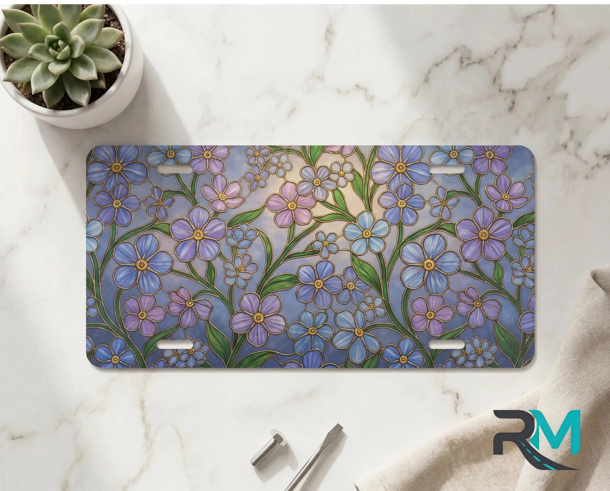Forget-Me-Not Floral Stained Glass Vanity Plate - Road Muse