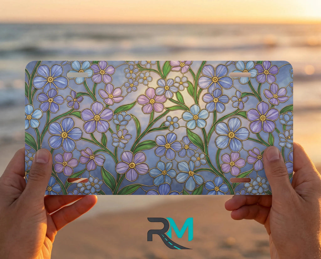Forget-Me-Not Floral Stained Glass Vanity Plate - Road Muse