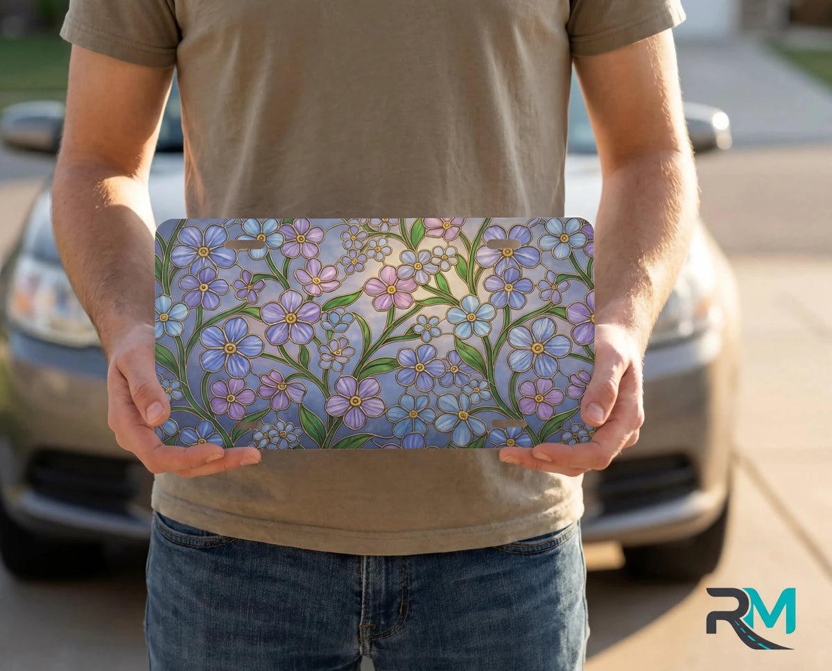 Forget-Me-Not Floral Stained Glass Vanity Plate - Road Muse