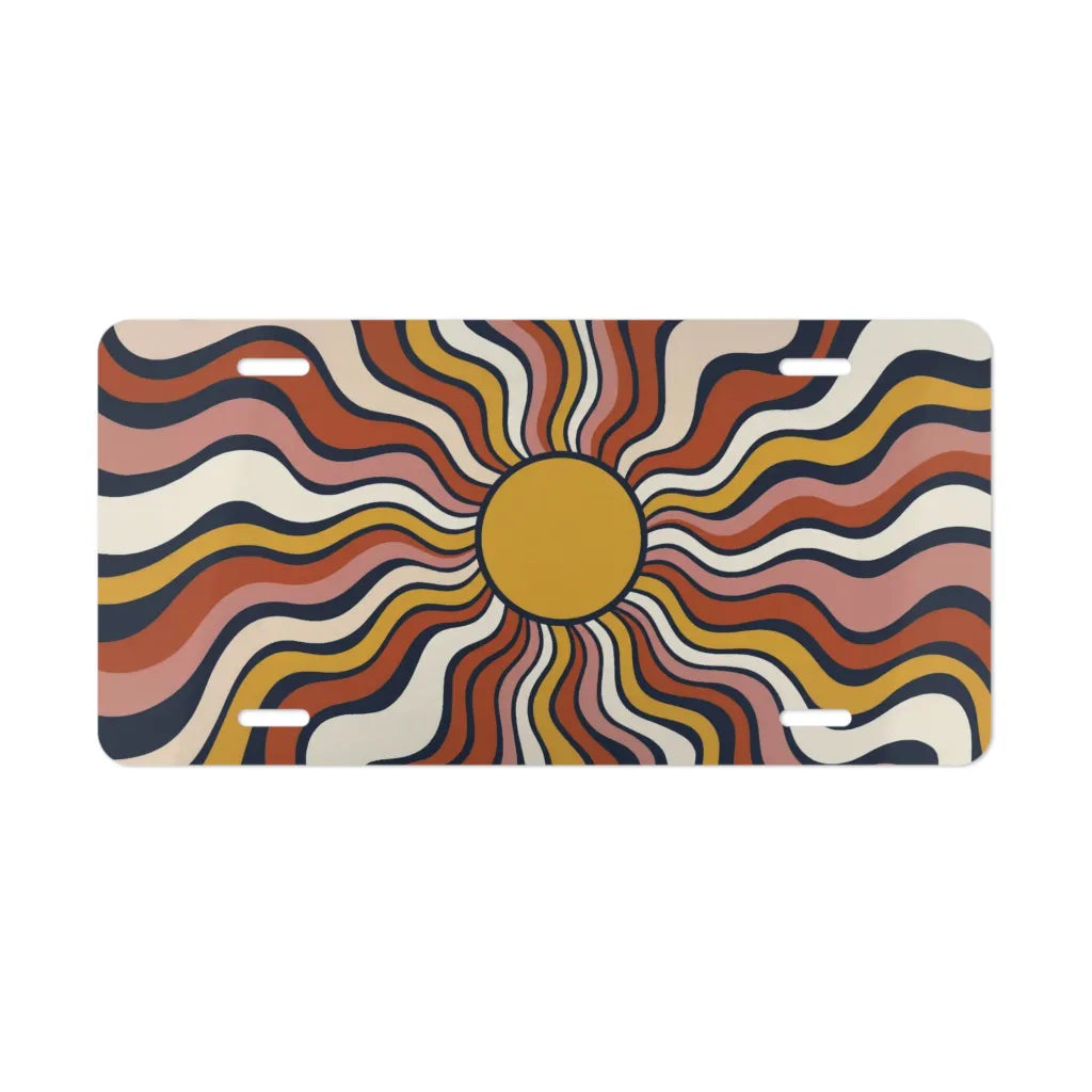 retro wavy sun vanity plate — burnt orange mustard navy hand-drawn rays license plate