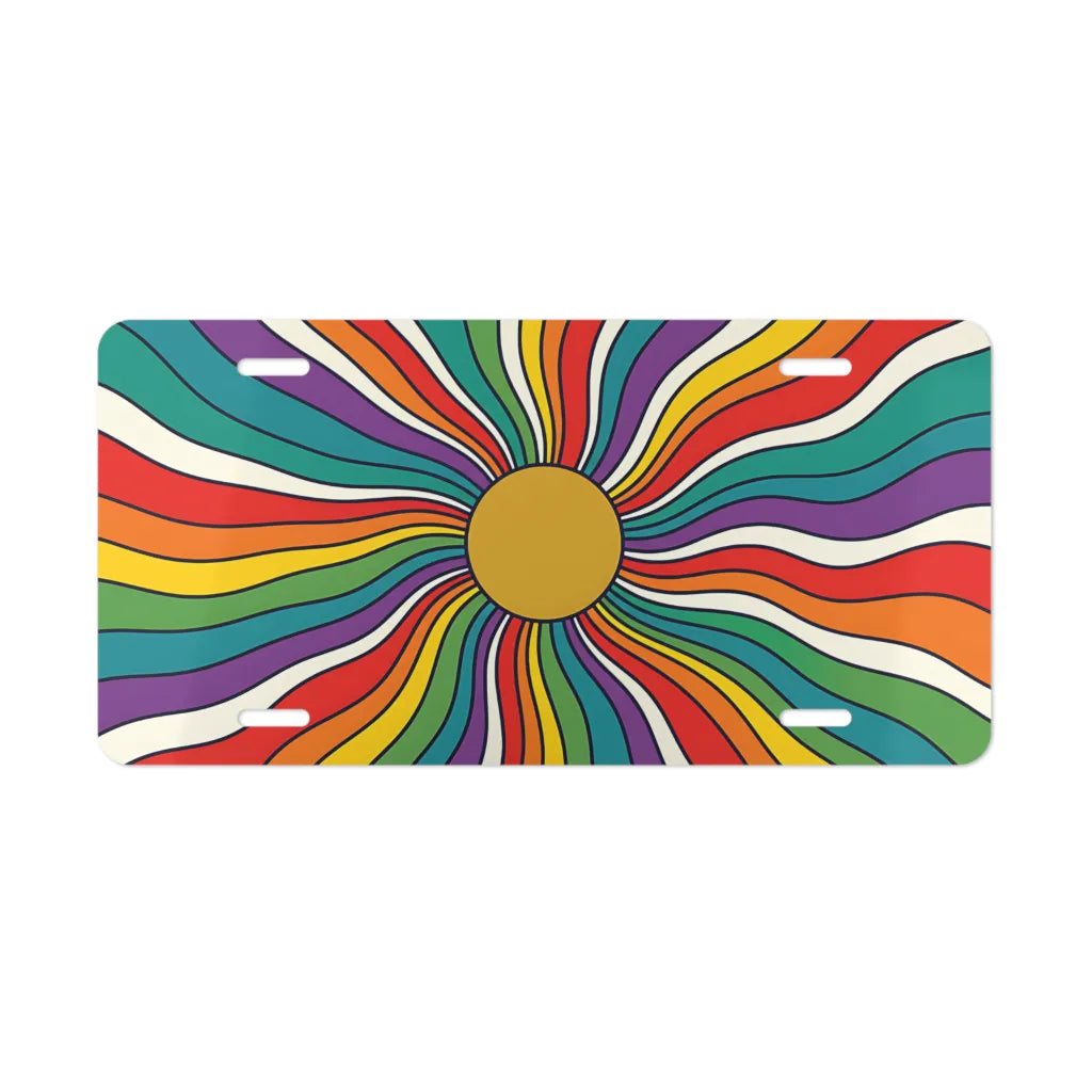 retro rainbow sunburst vanity plate — vivid multicolor rays from gold centre license plate