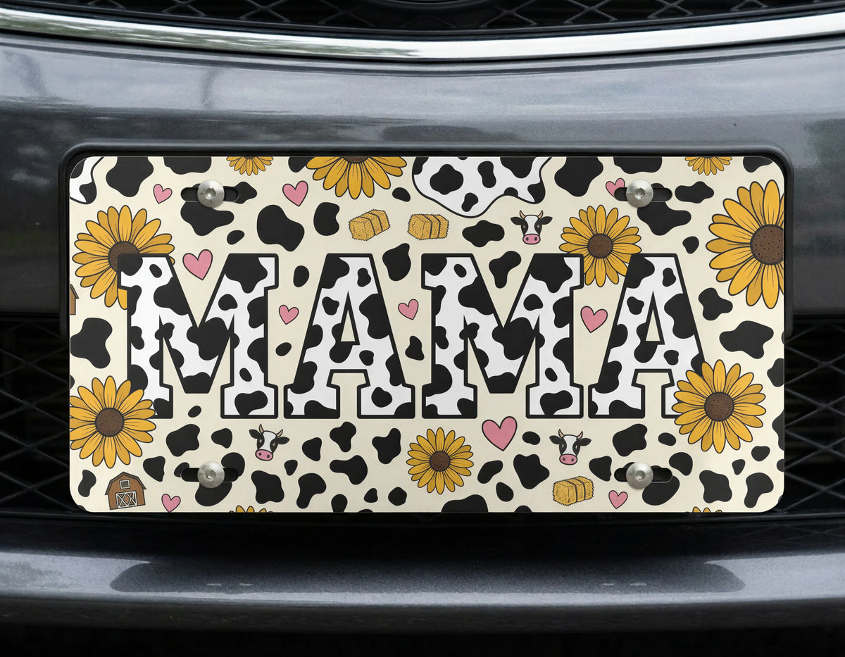 Mama Cow Print Sunflowers Vanity Plate