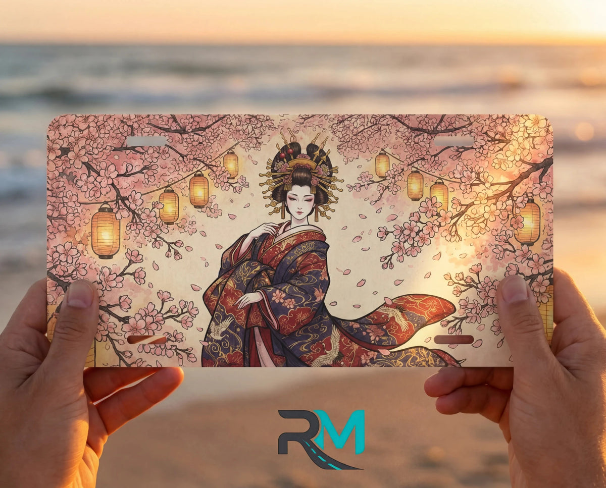 Geisha Cherry Blossoms Sakura Lanterns Vanity Plate - Road Muse