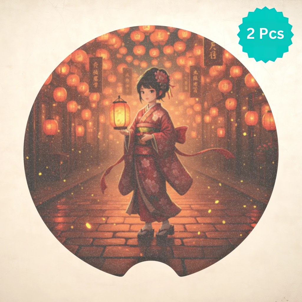 Geisha Lantern Night Car Coasters Set - Road Muse