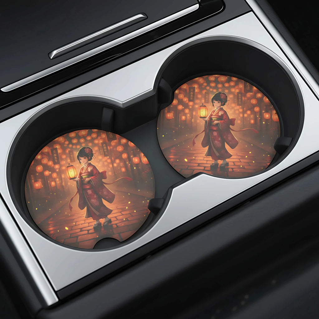 Geisha Lantern Night Car Coasters Set - Road Muse