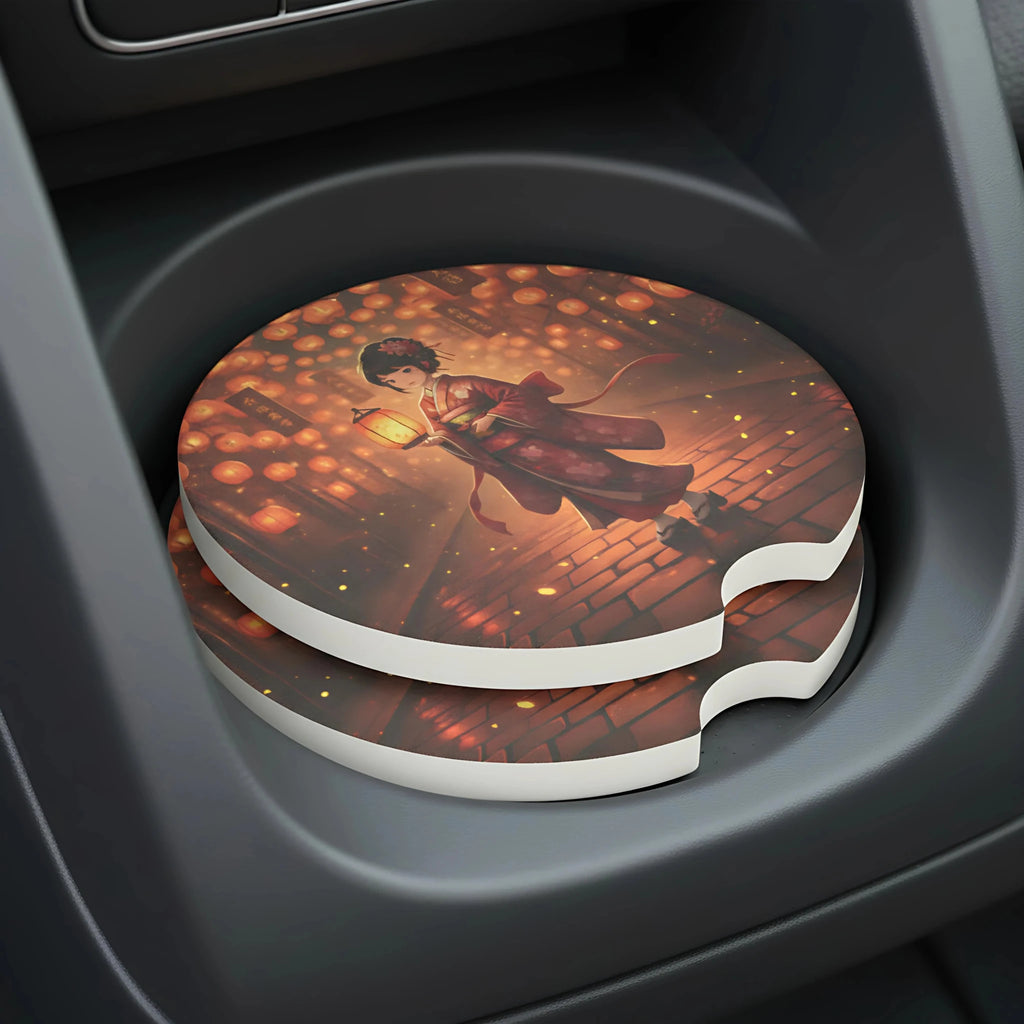 Geisha Lantern Night Car Coasters Set - Road Muse