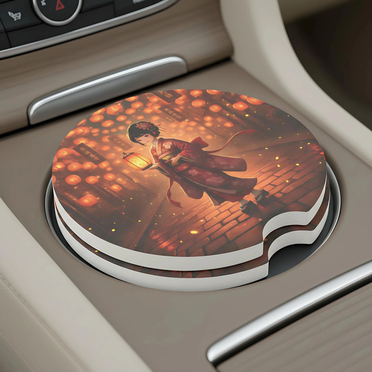 Geisha Lantern Night Car Coasters Set - Road Muse