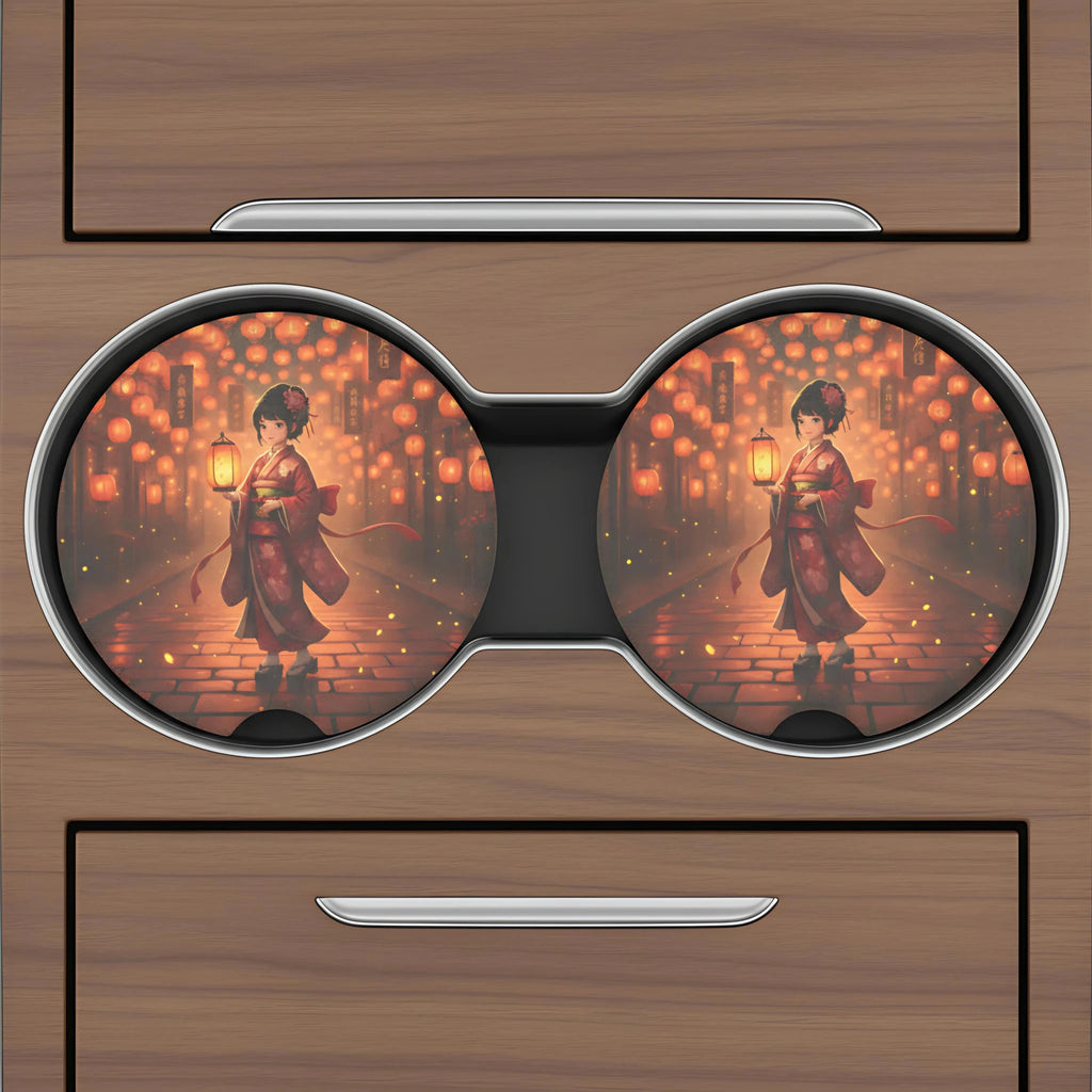 Geisha Lantern Night Car Coasters Set - Road Muse