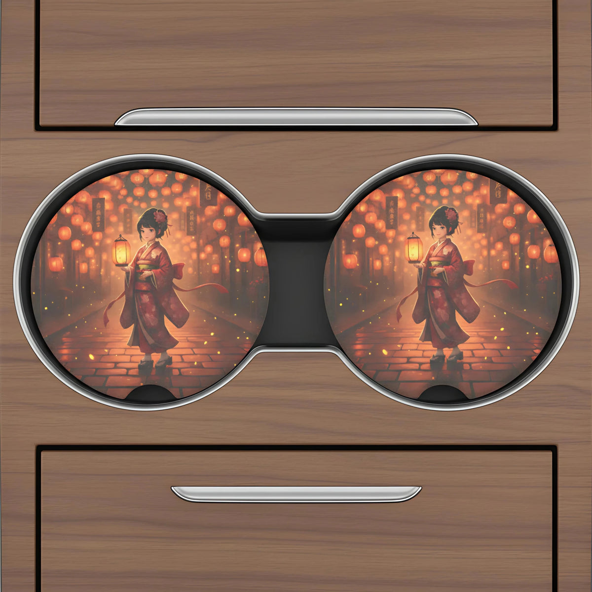 Geisha Lantern Night Car Coasters Set - Road Muse