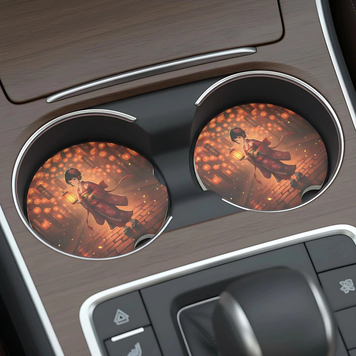 Geisha Lantern Night Car Coasters Set - Road Muse