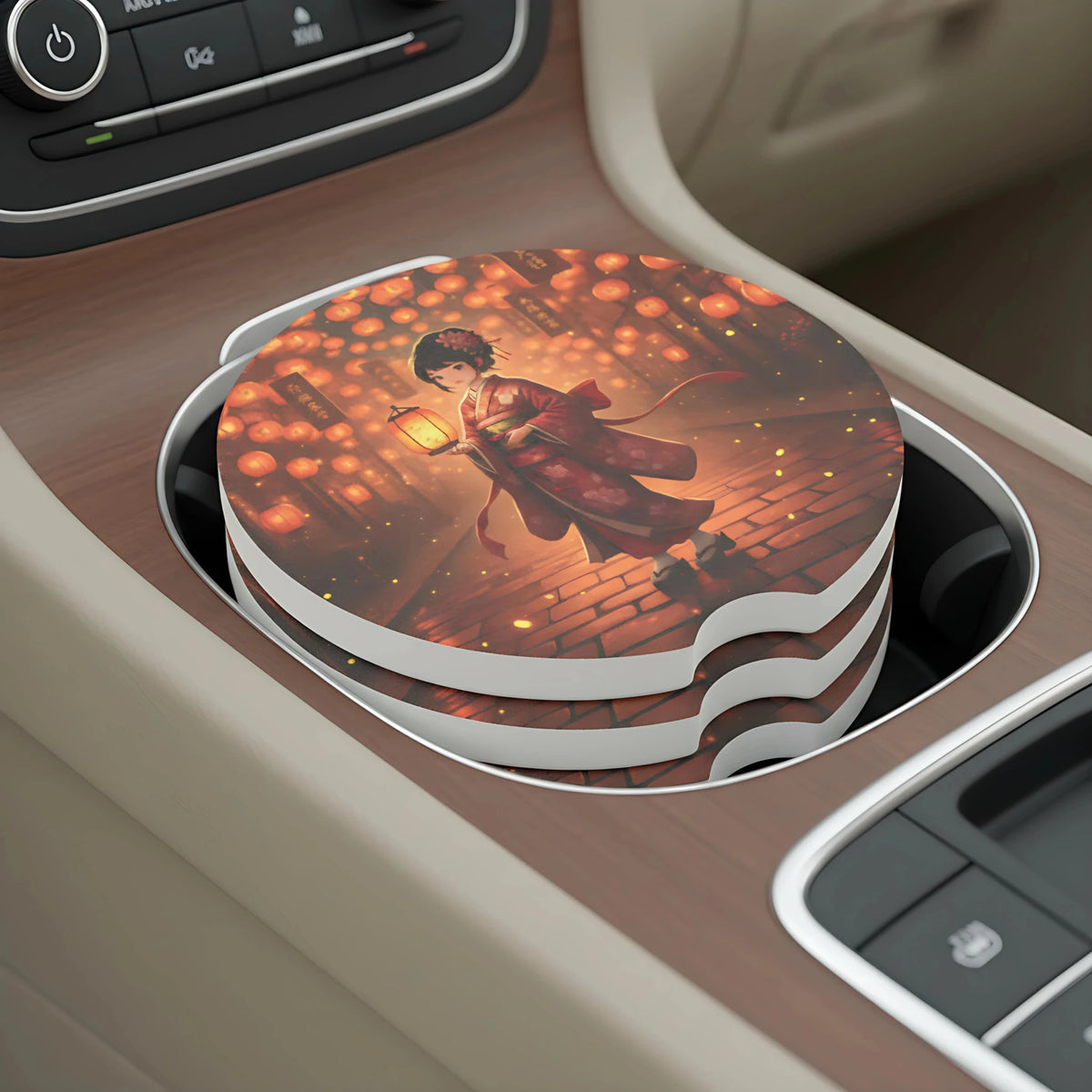 Geisha Lantern Night Car Coasters Set - Road Muse
