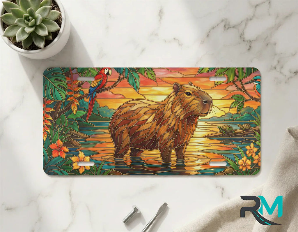 Geometric Capybara Sunset Vanity Plate - Road Muse
